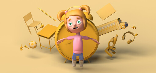 Girl jumping in front of alarm clock, school bus, school desk... Copy space. 3D illustration. Cartoon. Back to school.