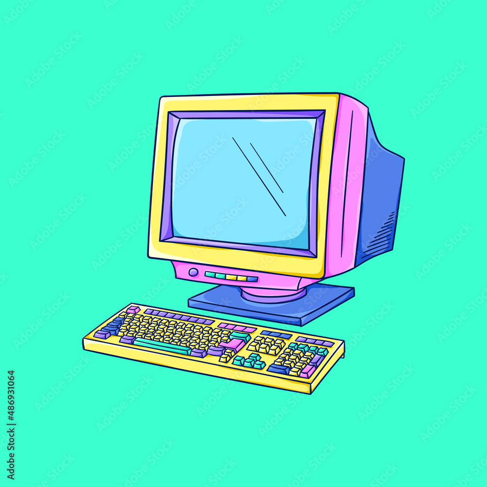 Poster computer illustration. retro home computer. personal computer with keyboard. 90s style vector. 1990s