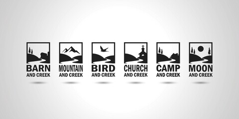 Set Bundle Creek Vintage Logo Illustration Mountain, bird, church, camp, barn, pines tree and moon Vector Design