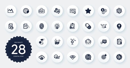 Set of Science icons, such as Augmented reality, 360 degrees and Timer flat icons. Star, Environment day, Chemistry lab web elements. Medical mask, Quick tips, Internet document signs. Vector