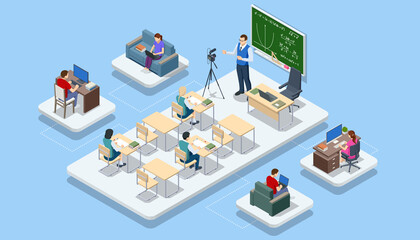 Isometric concept of Personalised learning. E-learning, online education at home. Seminar, internet classes, professional personal teacher service