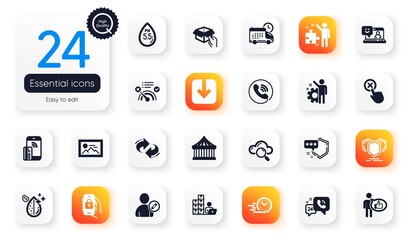 Set of Technology flat icons. Contactless payment, Refresh and Smile elements for web application. Ph neutral, Edit user, Load document icons. Shield, Employee, Call center elements. Vector