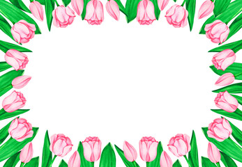 Fototapeta na wymiar Rectangular frame of pink tulips. Watercolor vintage illustration. Isolated on a white background.