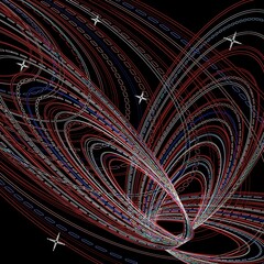 An abstract illustration featuring red, blue and white lines swirling in black space, with some tiny stars