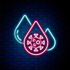 Glowing neon line Blood test and virus molecule coronavirus icon isolated on brick wall background. Coronavirus, COVID-19. 2019-nCoV. Colorful outline concept. Vector