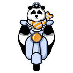 vector illustration of mascot of panda riding a scooter wearing a helmet and sall