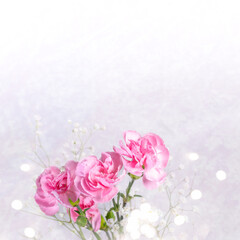 Card for mother's day, wedding, valentines day with pink carnations and gypsophila on light grey.