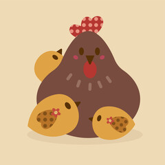 A cute flat illustration featuring a mother hen and baby chicks. Vector illustration.