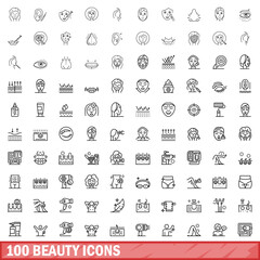 Fototapeta na wymiar 100 beauty icons set. Outline illustration of 100 beauty icons vector set isolated on white background