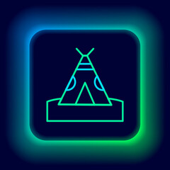 Glowing neon line Traditional indian teepee or wigwam icon isolated on black background. Indian tent. Colorful outline concept. Vector © vector_v