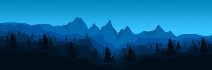 mountain landscape with pine tree forest silhouette flat design vector illustration for background, banner, backdrop, tourism design, apps background and wallpaper