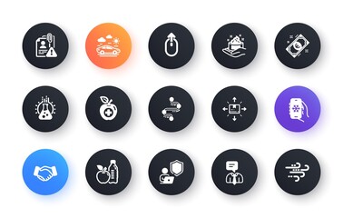 Minimal set of Chemistry lab, Handshake and Healthy food flat icons for web development. Swipe up, Air conditioning, Timeline icons. Shield, Search employee, Cardboard box web elements. Vector