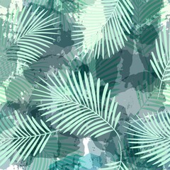 Tropical pattern, Exotic print, green watercolor palm leaves seamless vector background. Leaves of palm tree, girly jungle print on brush stains