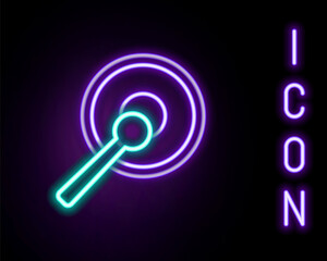 Glowing neon line Gong musical percussion instrument circular metal disc and hammer icon isolated on black background. Colorful outline concept. Vector