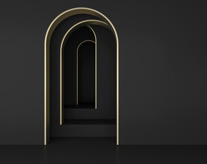Abstract minimal geometric black arched background with golden edges; simple clean arched walls; luxury minimalist primitive shapes; wall niche; art deco display; 3d rendering, 3d illustration