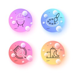 Palette, Foreman and Brush minimal line icons. 3d spheres or balls buttons. Night city icons. For web, application, printing. Art brush, Engineer person, Sleeping building. Vector