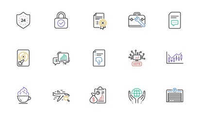 Thumb down, Search flight and Parking garage line icons for website, printing. Collection of Reject certificate, Comments, Hdd icons. Tool case, 24 hours, Security lock web elements. Vector