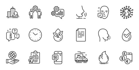 Outline set of Currency rate, Fire energy and Fingerprint line icons for web application. Talk, information, delivery truck outline icon. Include Safe planet, Organic product, 5g phone icons. Vector