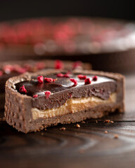 Tartlet, tart, homemade cakes. Delicious chocolate pie stuffed with shortcrust pastry. High quality photo