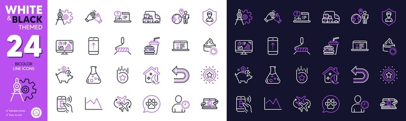 Loyalty star, Cogwheel dividers and Swipe up line icons for website, printing. Collection of Undo, Analytics graph, Copywriting notebook icons. Outsource work, Connecting flight. Vector