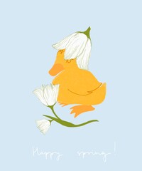 Illustration of little cute duck for spring postcard