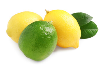 Fresh lemons, lime and green leaves on white background