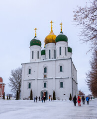 View of the Assumption Cathedral on the Cathedral Square in the city of Kolomna in winter for the holidays