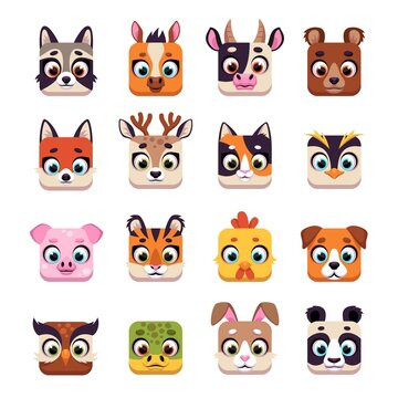 Animal square face. Cute cartoon UI icons with funny muzzles, wildlife and domestic heads. Kawaii raccoon, bear, tiger and rabbit. Avatar pig, panda and cow. Portraits vector isolated set
