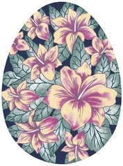 Hand drawing illustration of Easter egg with large red-yellow tropical flowers and green leaves on white background.