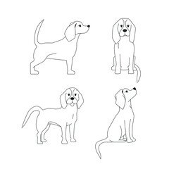 Dogs silhouette in different poses. The dog is sitting.  The dog is standing.  Beagle silhouette. Set. Vector flat illustration. profile and full face. Line art
