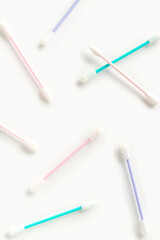 Flat lay top view reusable silicone swab buds on white background