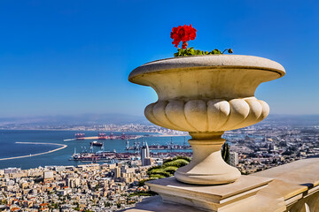 white decorative stone flowerpot with geraniums on railing of terrace in the Bahai Garden, located...