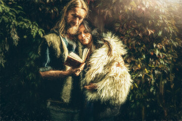 medieval man with beautiful medieval woman reading a book. Painting effect.