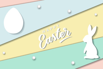 Happy Easter of greeting cards, posters, holiday covers, sale banners. Trendy design in paper cut style with bunny and egg silhouettes - 486935268