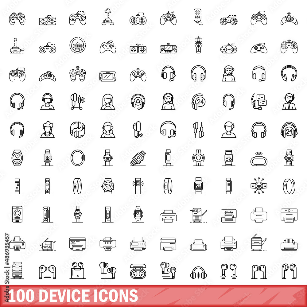 Poster 100 device icons set. outline illustration of 100 device icons vector set isolated on white backgrou