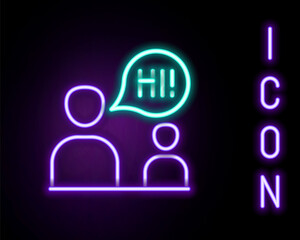 Glowing neon line Two sitting men talking icon isolated on black background. Speech bubble chat. Message icon. Communication or comment chat symbol. Colorful outline concept. Vector