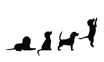 Dogs silhouette in different poses. The dog is sitting. The dog lies. The dog is standing. The dog is jumping. Beagle silhouette. Set. Vector flat illustration
