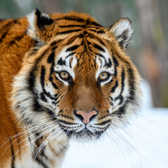 Portrait closeup Adult Tiger in cold time. Tiger snow in wild winter nature