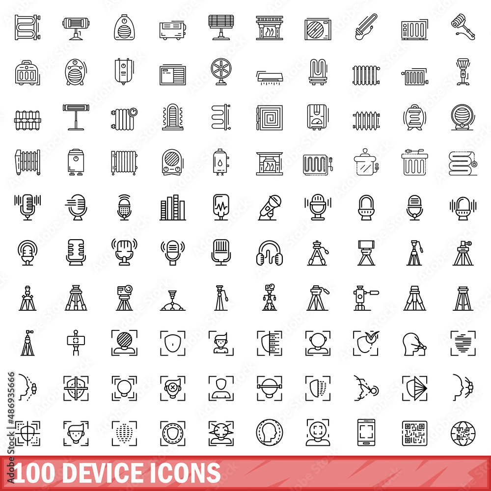 Poster 100 device icons set. outline illustration of 100 device icons vector set isolated on white backgrou