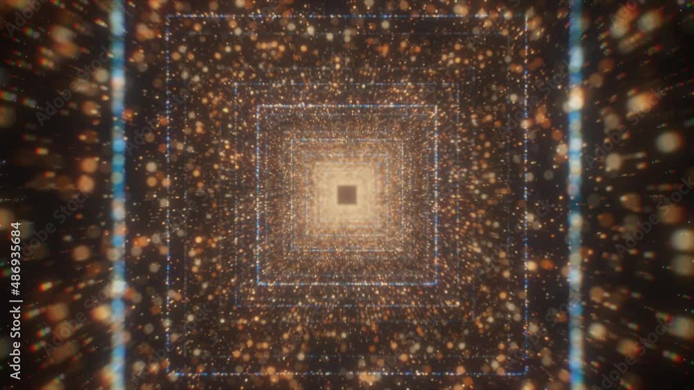 Poster square corridor with glowing particles. motion. cosmic corridor with shimmering particles. square vi