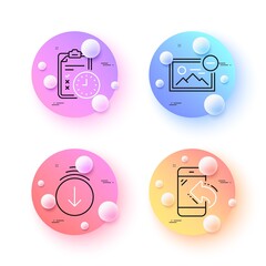 Incoming call, Exam time and Scroll down minimal line icons. 3d spheres or balls buttons. Remove image icons. For web, application, printing. Phone support, Checklist, Swipe screen. Vector