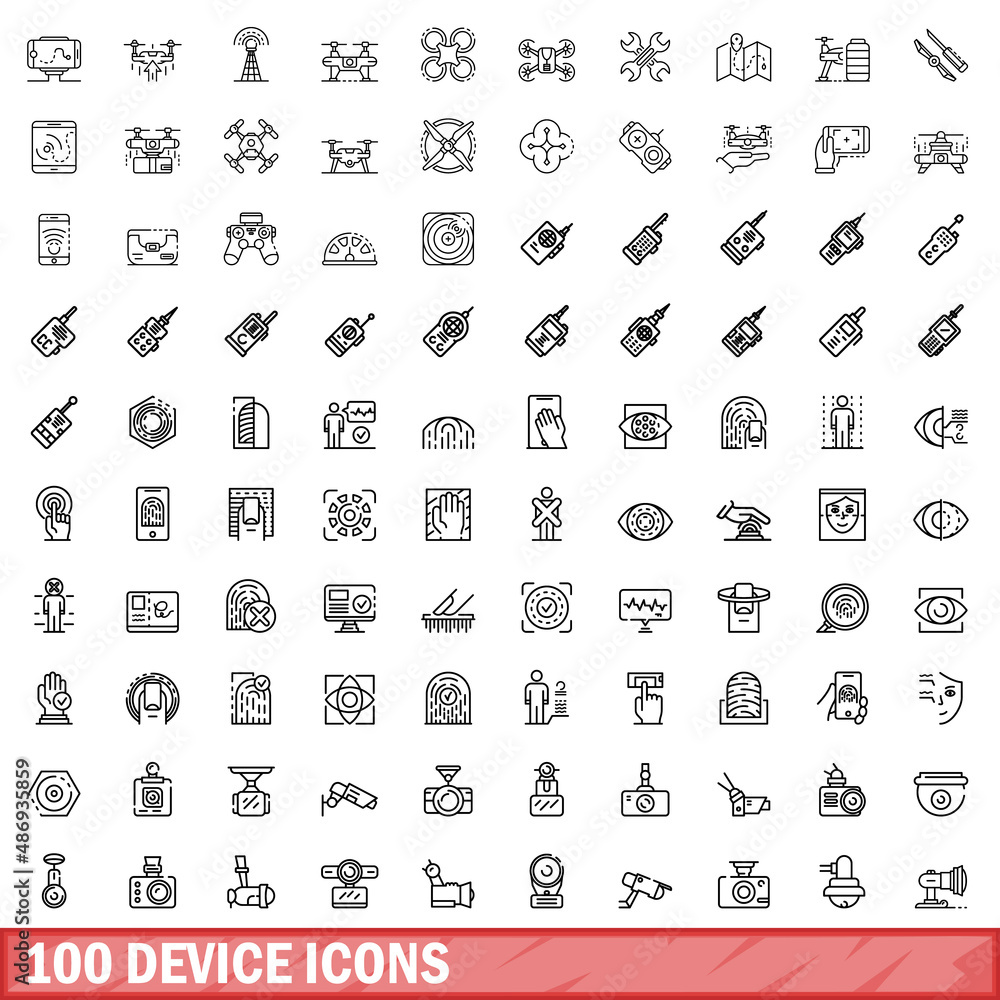 Poster 100 device icons set. outline illustration of 100 device icons vector set isolated on white backgrou
