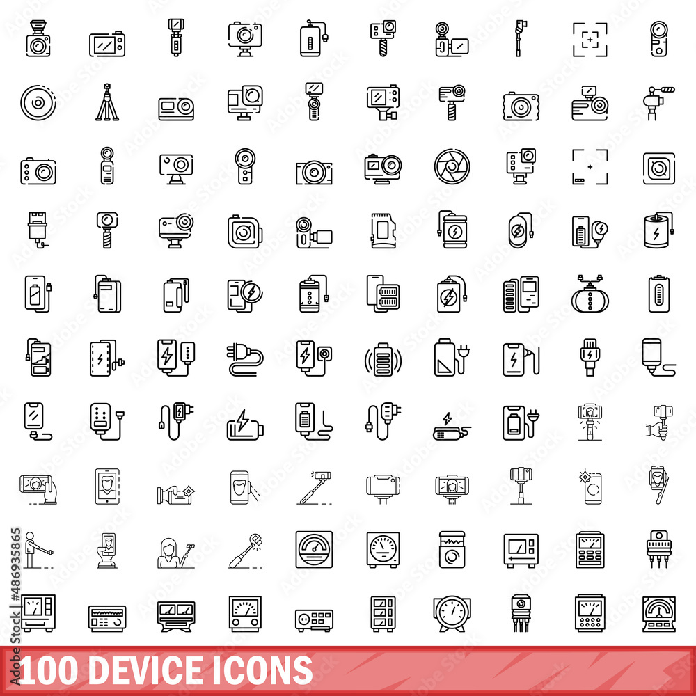 Poster 100 device icons set. outline illustration of 100 device icons vector set isolated on white backgrou