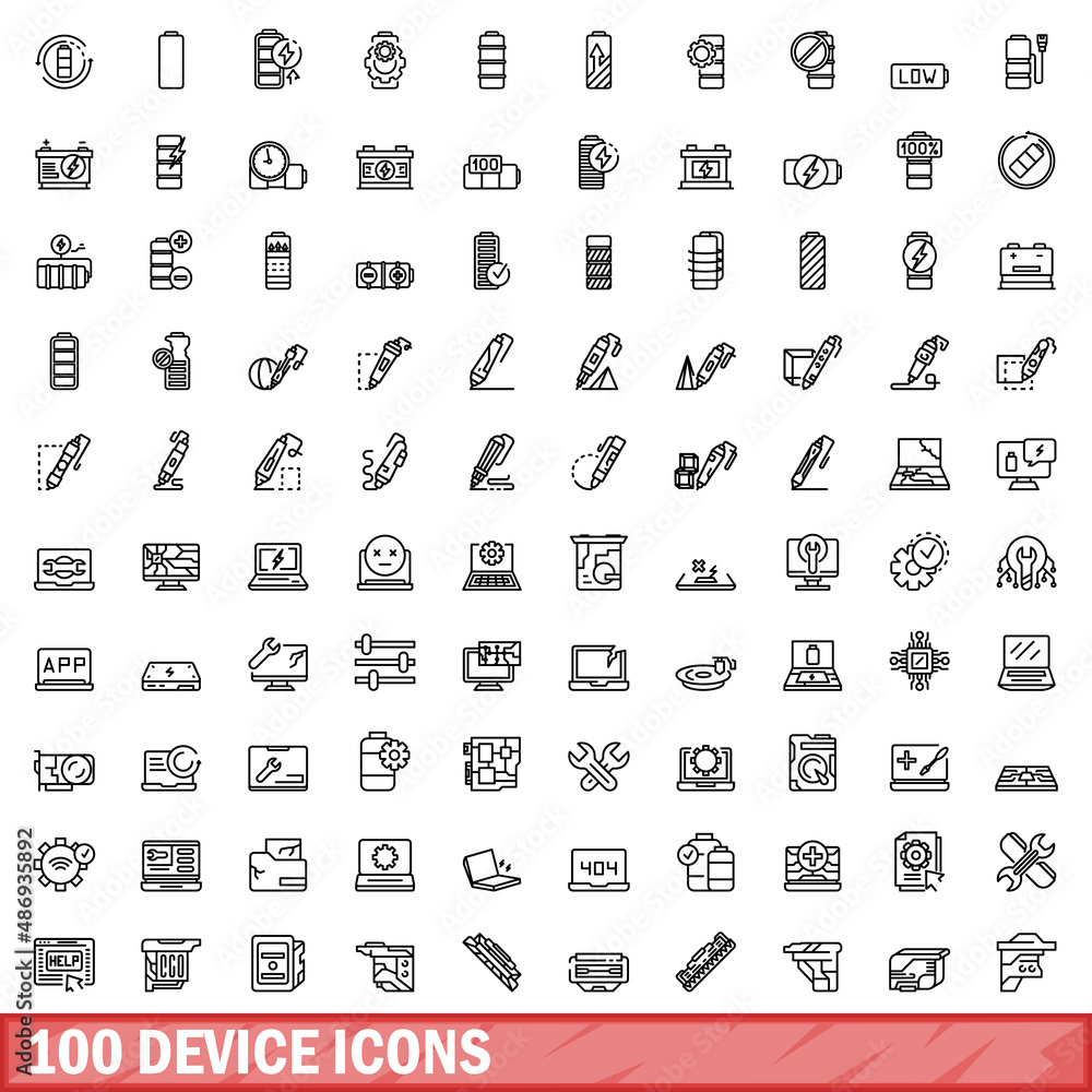 Poster 100 device icons set. outline illustration of 100 device icons vector set isolated on white backgrou