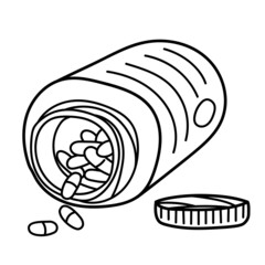 Medical pills drop out from bottle. Icon of container with Vitamin capsules, Mineral or Micronutrient. Illustration in doodle style, thin line. Vector