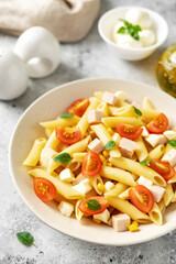 Pasta salad with ham, mozzarella, corn, tomatoes and olive oil in a ceramic plate on a light culinary background. Traditional Italian dish penne rigate with cheese and vegetables	