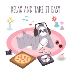 Cute sloth poster. Funny animal listens music, cartoon character with headphones, cozy evening, vinyl record player and pizza, relax and take it easy text, vector concept © YummyBuum