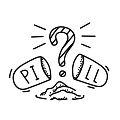 Open medicine capsule and question mark. Whats inside. Medicine and health concept. Illustration in doodle style, thin line. Vector