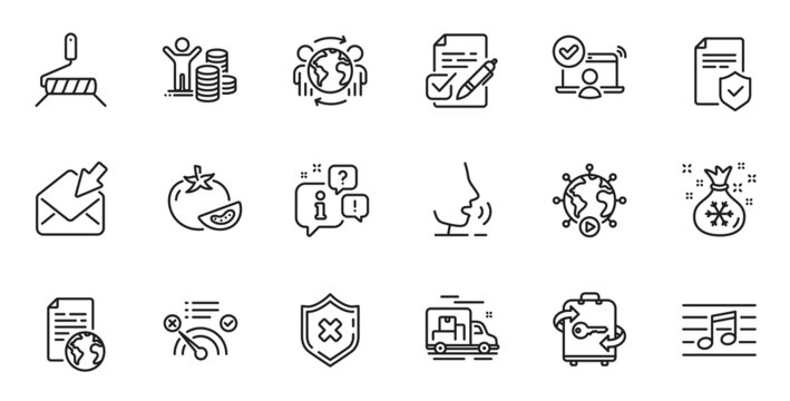 Outline set of Reject protection, Santa sack and Insurance policy line icons for web application. Talk, information, delivery truck outline icon. Vector