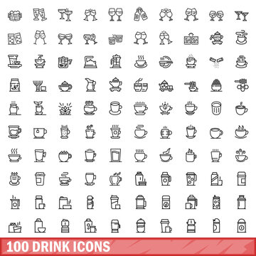 100 drink icons set. Outline illustration of 100 drink icons vector set isolated on white background